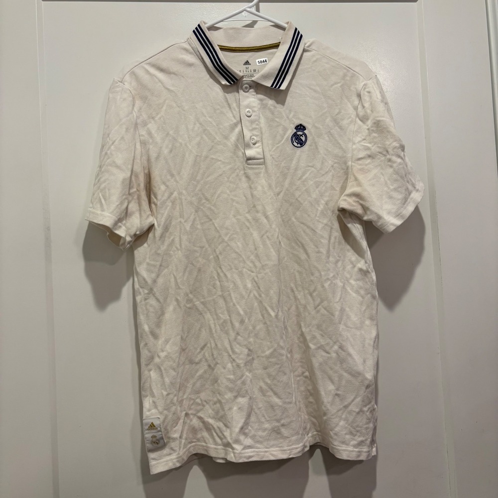 Adidas Real Madrid Polo Shirt Mens Medium Cream White Soccer Football Crest